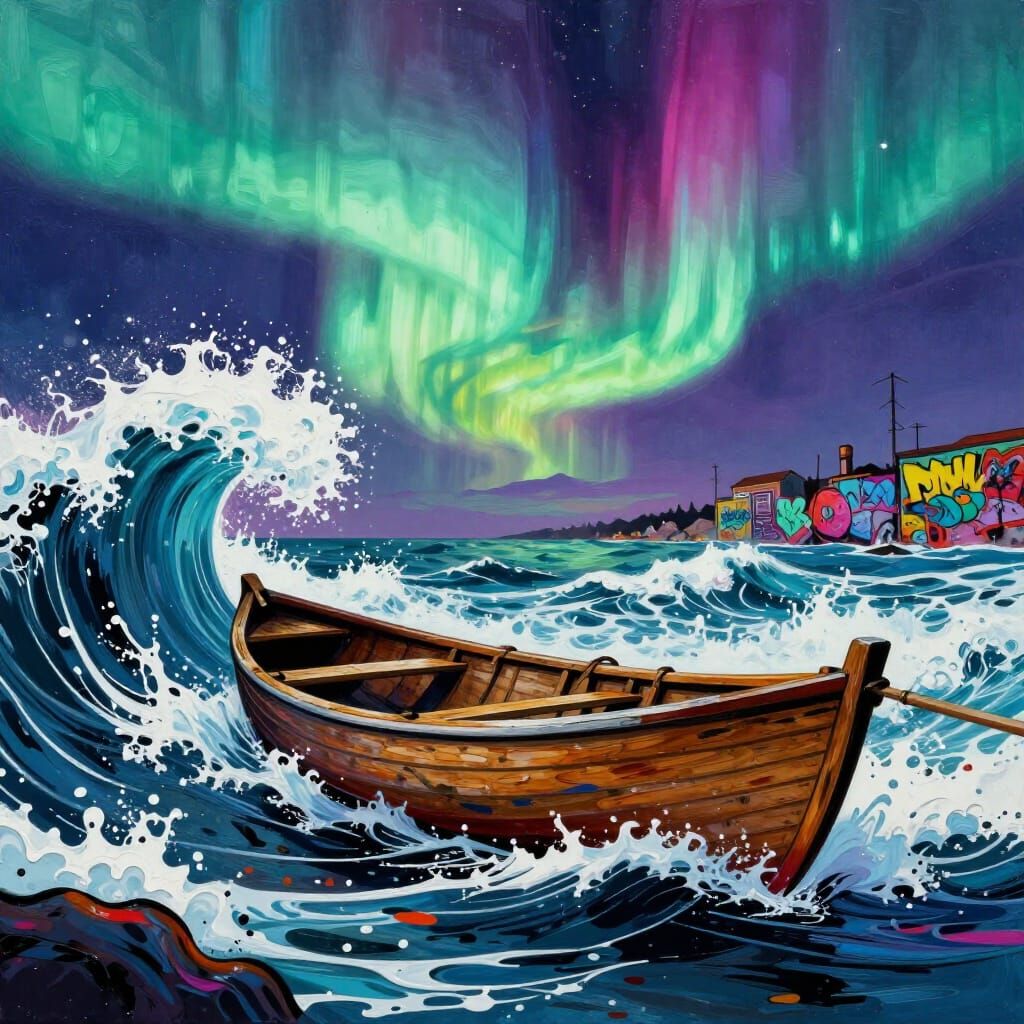 Rowboat Navigates Cosmic Waves Under Aurora