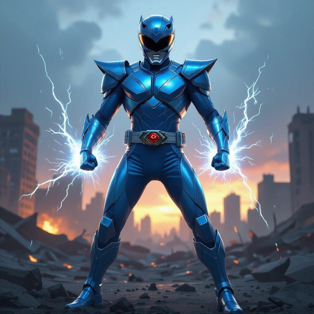 Metallic Blue Power Ranger in Heroic Pose