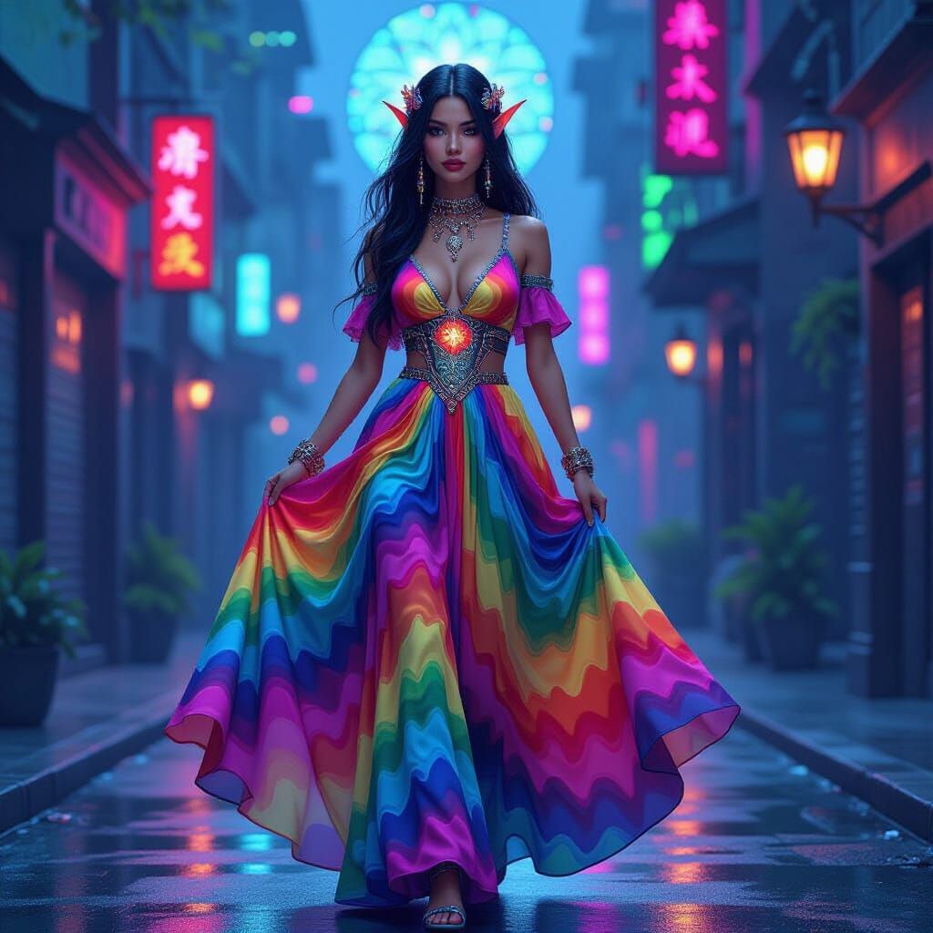 Cyberpunk Elf Princess in Tie-Dye Stained Glass Dress