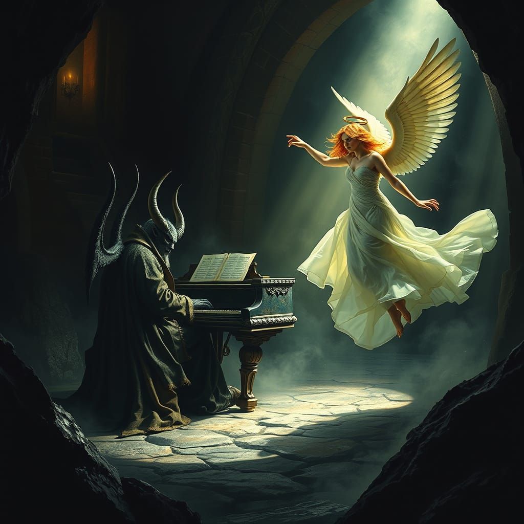 Majestic Demon Plays Piano in Haunting Dungeon Scene