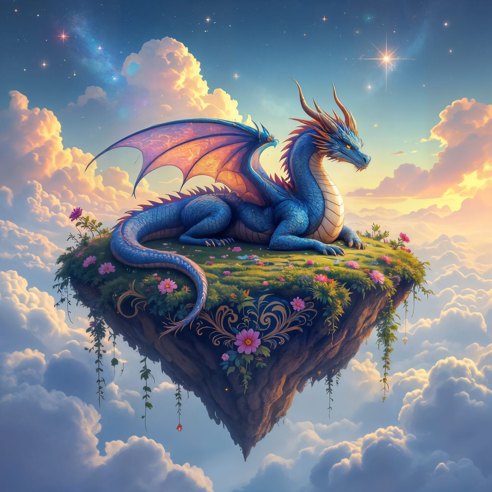 Nebula Dragon on Floating Island: Art Nouveau Concept
