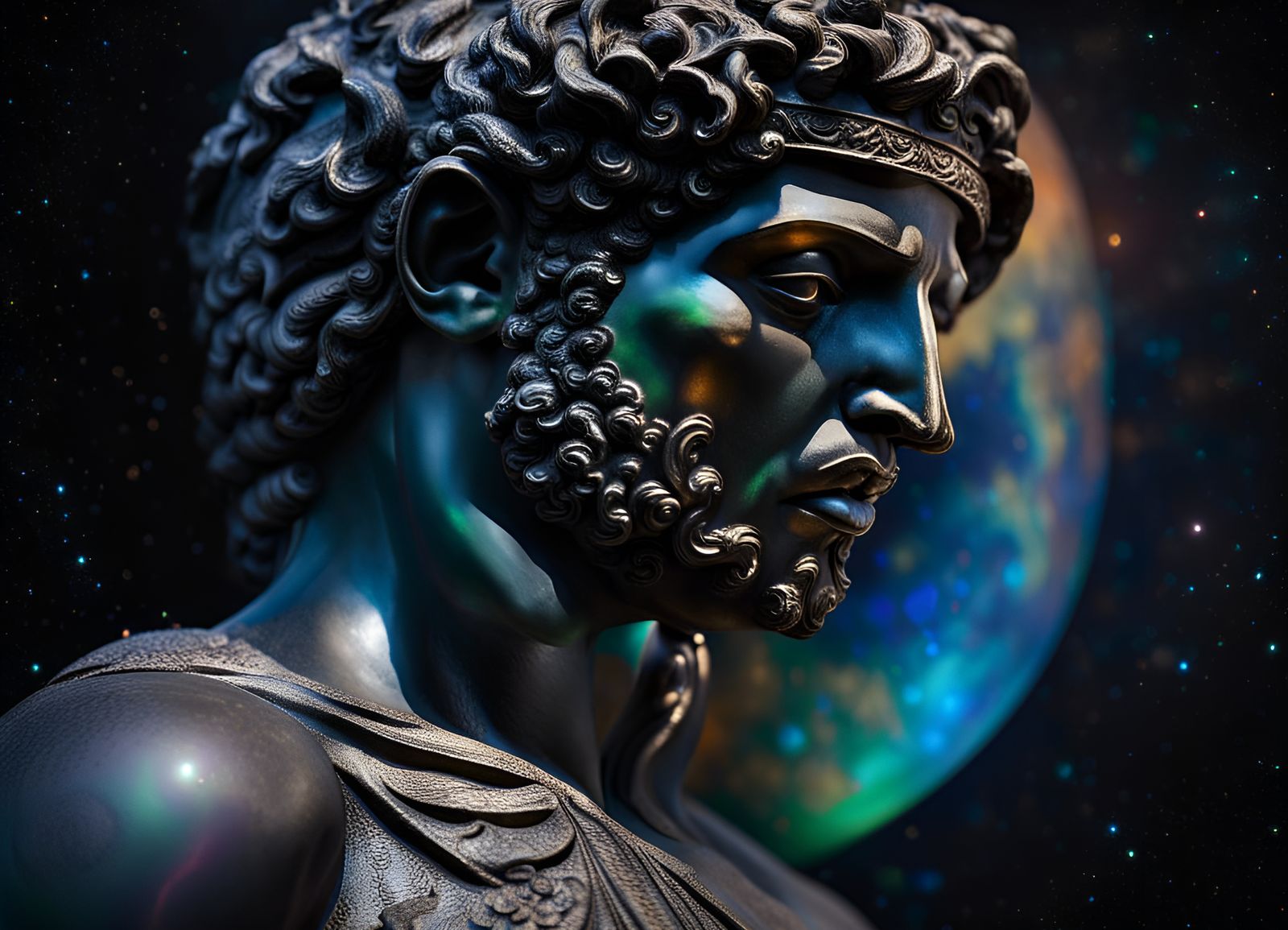 Opal Textured Greek Atlas Statue in Starry Space