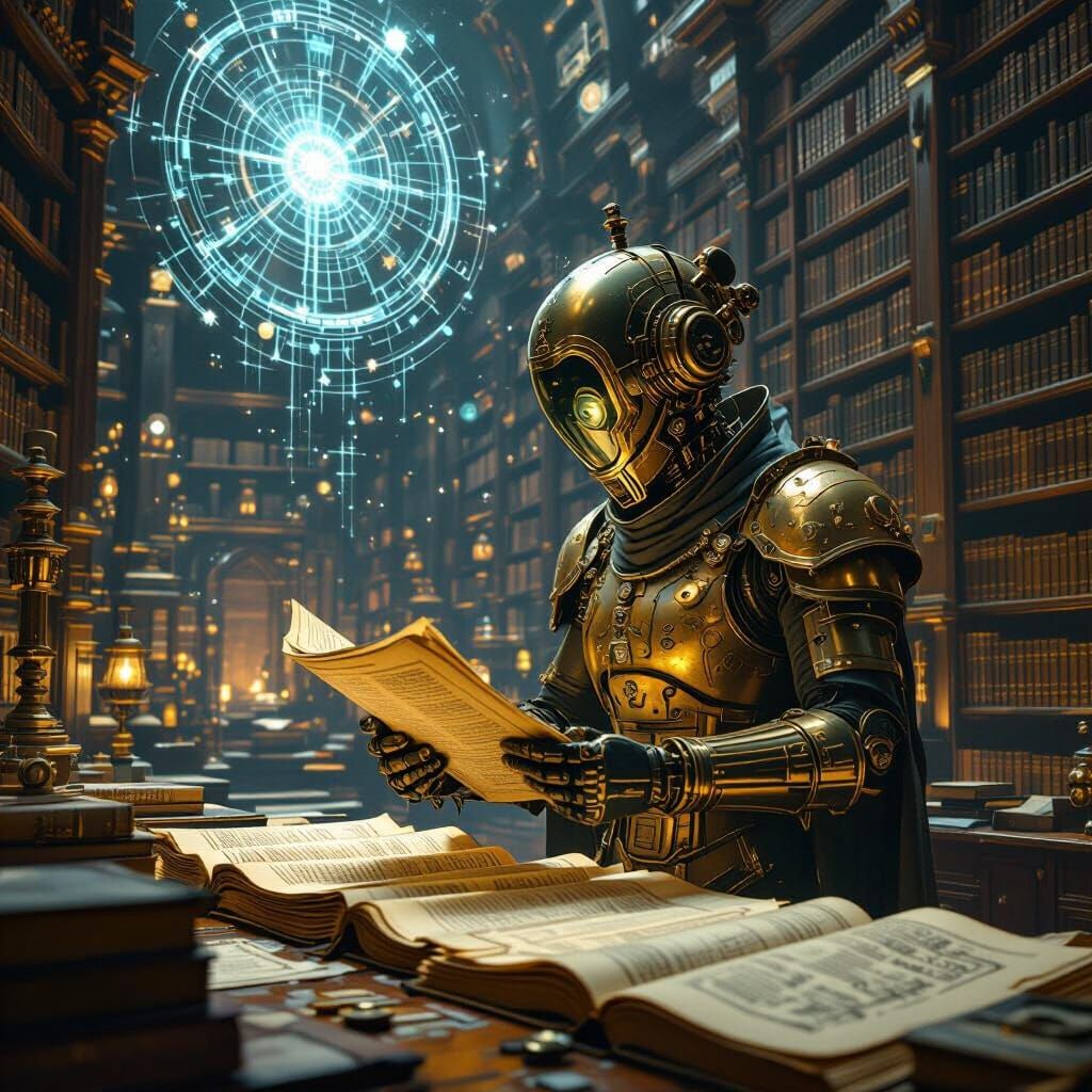 Steampunk Automaton Librarian in Fantasy Library