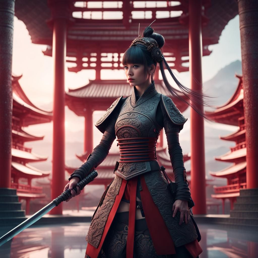 Futuristic Android Samurai in Japanese Pagoda