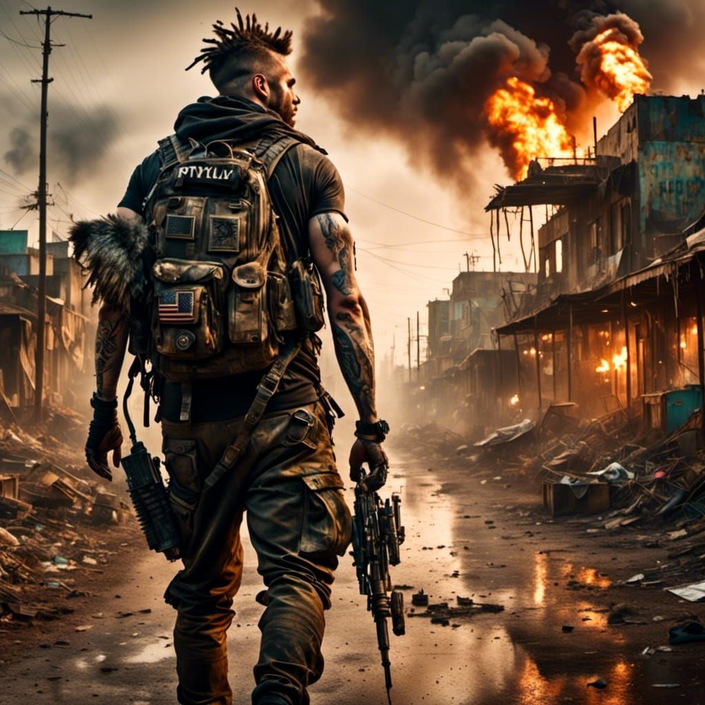 Post-Apocalyptic Soldier in Burning Town