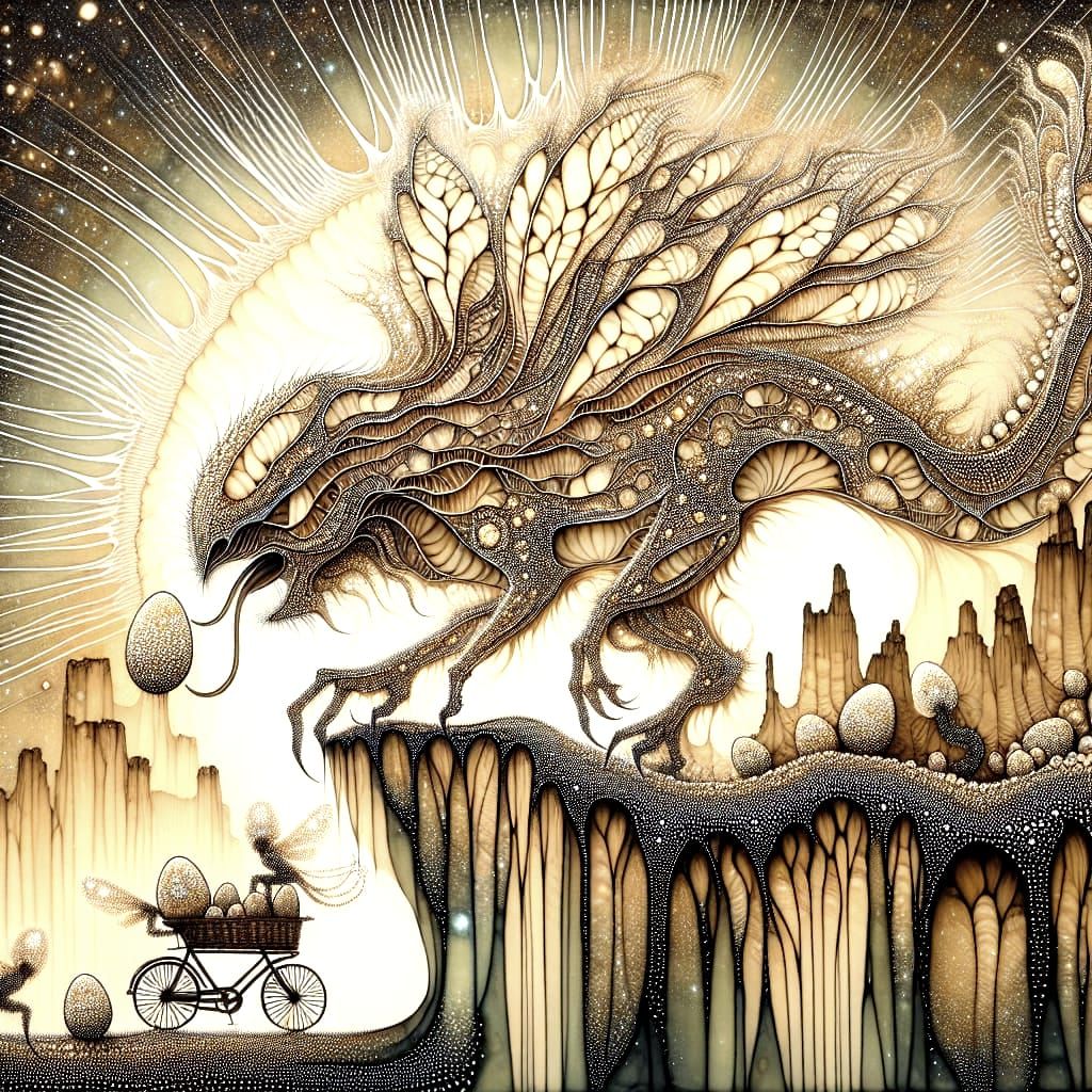 Alien Creature Adorns Bicycle with Eggs in Intricate Waterco...