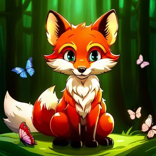 Detailed Baby Fox with Butterflies Illustration