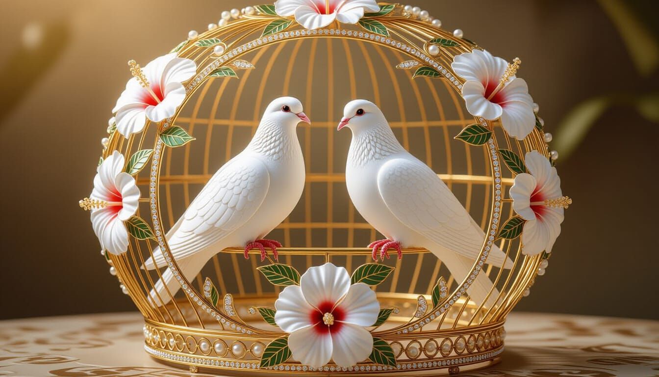 Ornate Art Nouveau Bird Cage with Doves and Gold Filigree