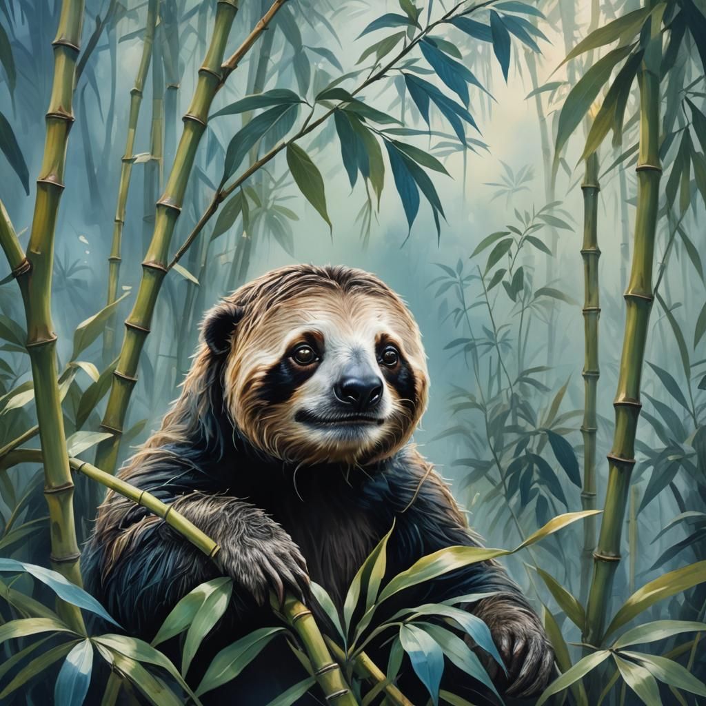 Surreal Sloth-Panda Hybrid in Misty Jungle