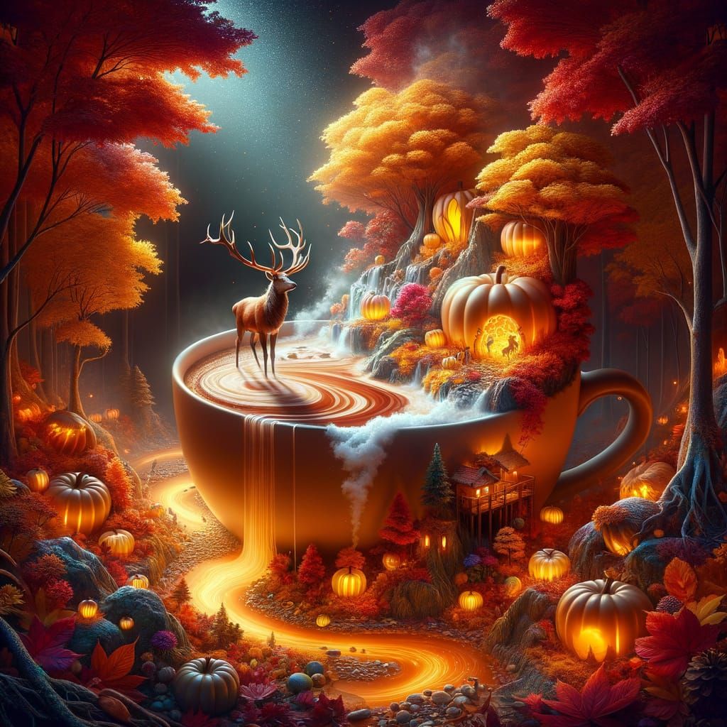 Autumn Forest in Cocoa Cup with Elk and Glowing Pumpkins