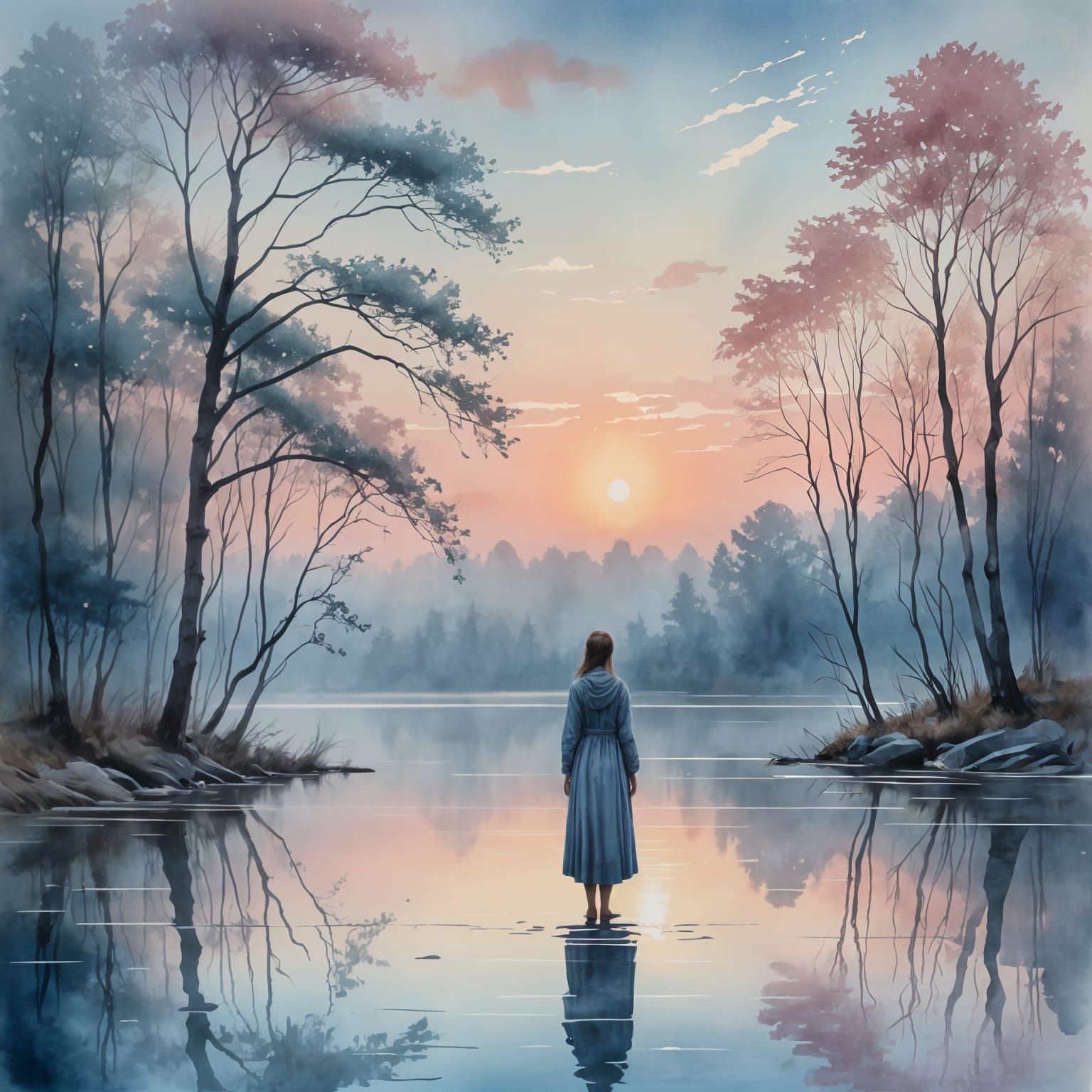 Watercolor Woman at Dawn by Tranquil Lake