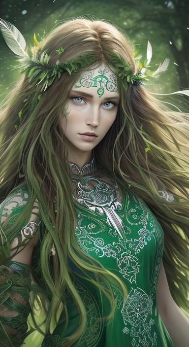Perfect Celtic druid woman show complete body, goddess of nature. Perfect features and beautiful eyes full of life. Perf...