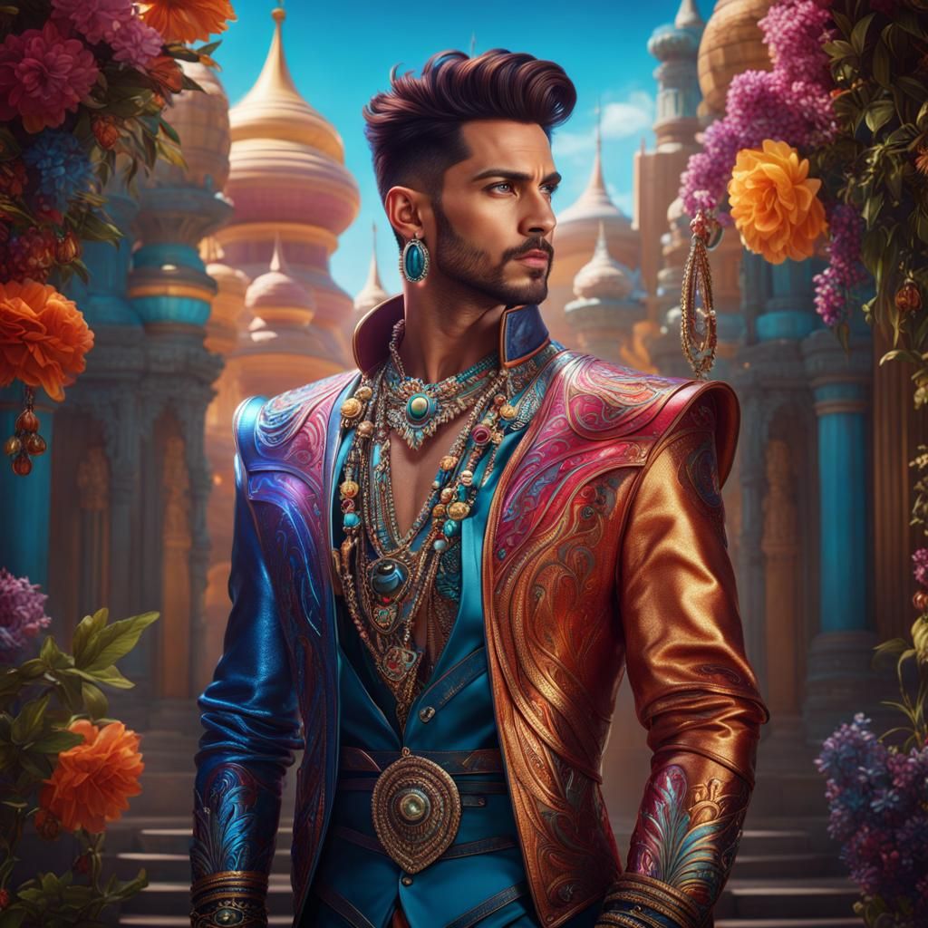 Hyperrealistic Portrait: Man in Colorful Futuristic Clothing