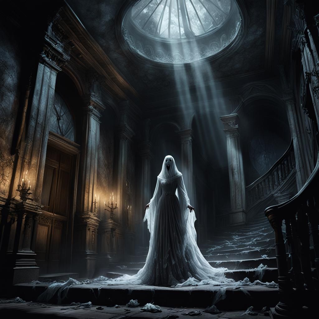 haunted mansion, female ghost, eerie lighting, gothic archit...