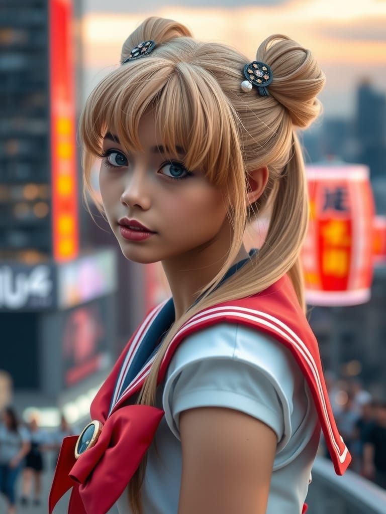 Realistic Sailor Moon Cosplay Portrait in Vibrant Japanese C...
