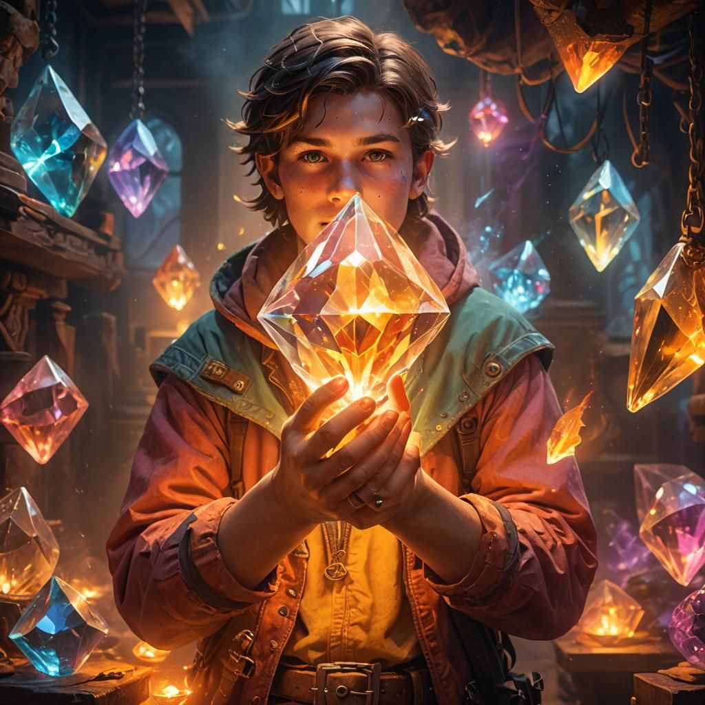 Adventurer with Glowing Crystal in Dark Fantasy Style