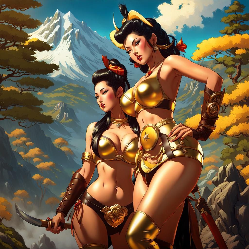 Japanese Barbarian Girls Kissing in Gil Elvgren Style