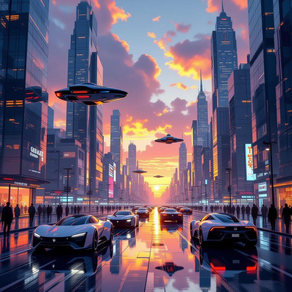 Futuristic Cityscape at Sunset in Cyberpunk Style