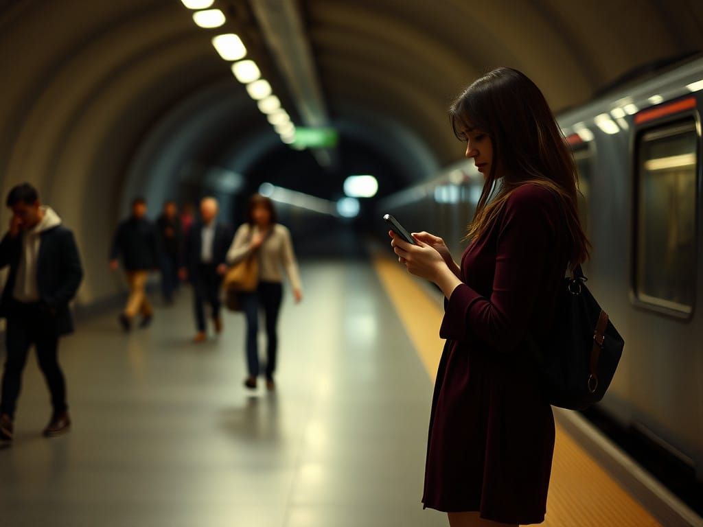 Young Woman in Subway Station, Lost in Phone
