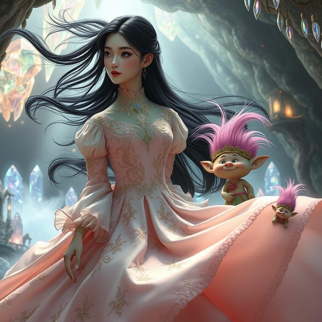 Asian Woman in Rococo Gown with Trolls, Fantasy Art