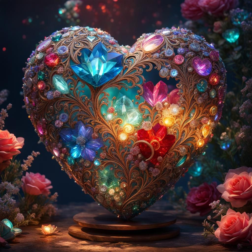 Illuminated Crystalline Heart: Fantasycore Digital Art