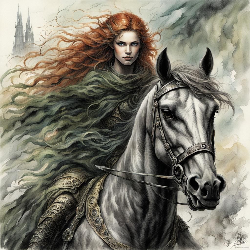 Redhead Knight on Black Horse in Luis Royo Style