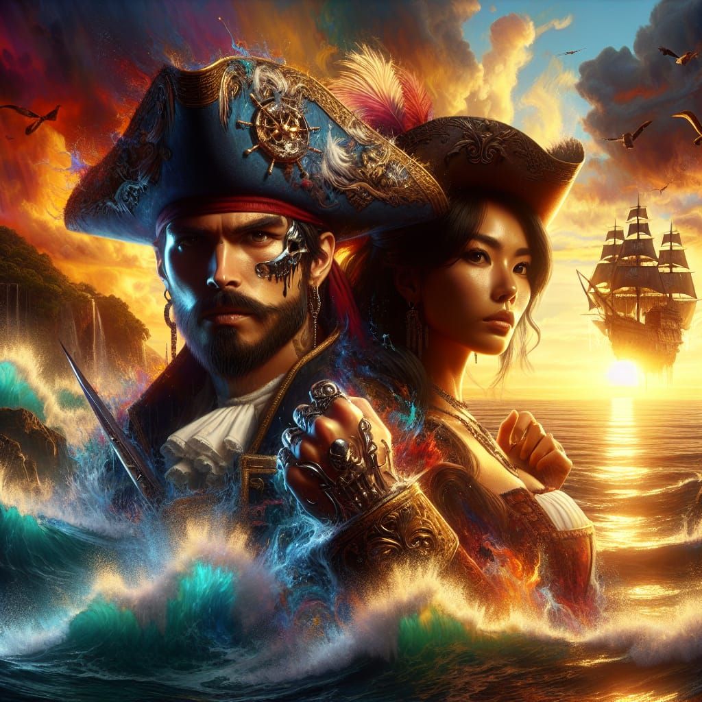 Caribbean Pirate King and Queen at Sunset
