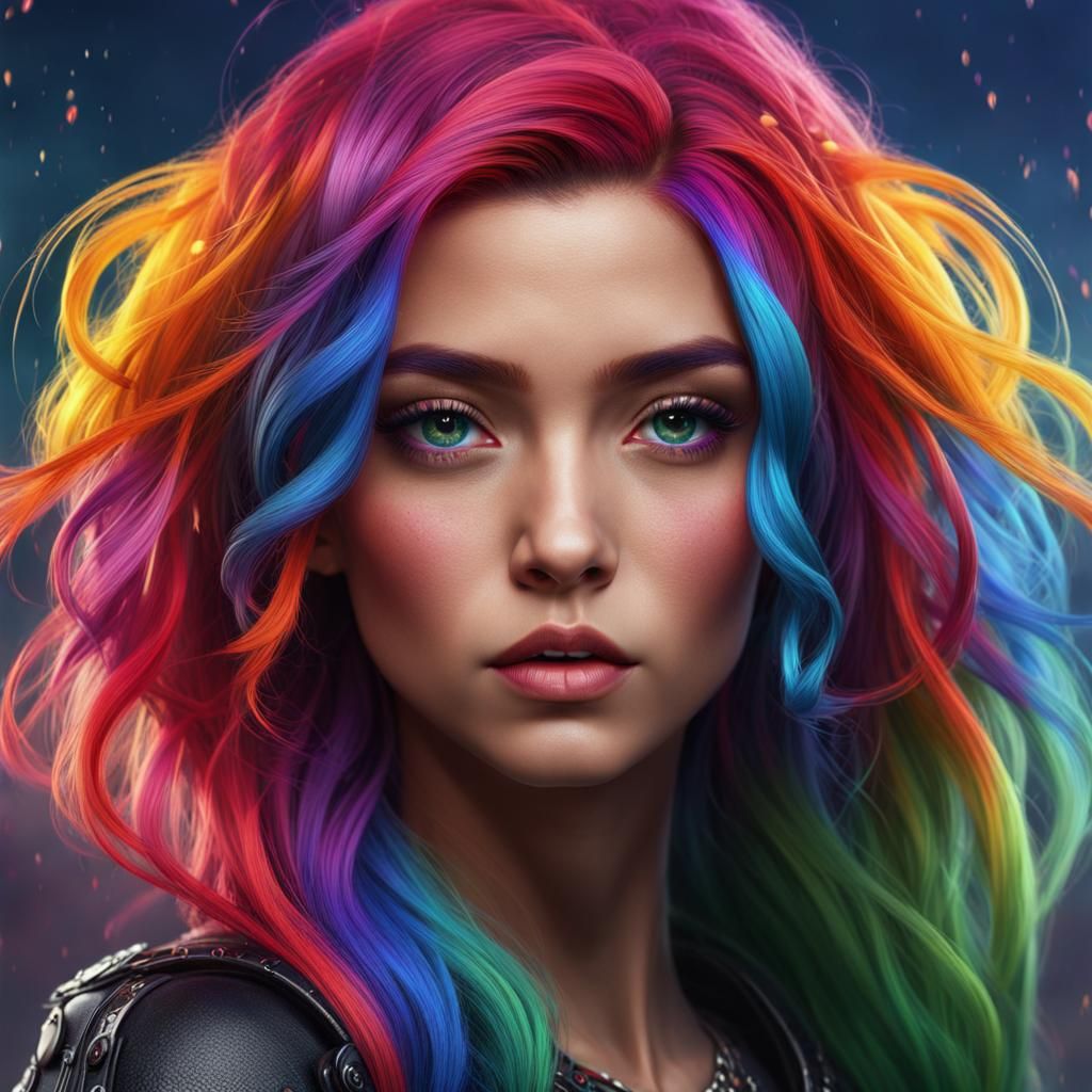 Girl with Rainbow Hair: Detailed Fantasy Art