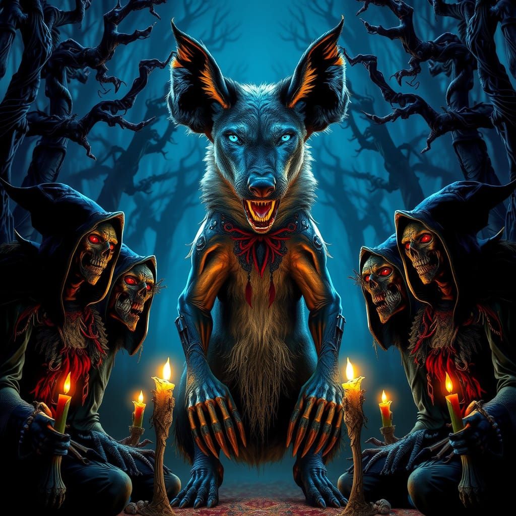 Ethereal Hyena Goddess Dominates Dark Forest Circle