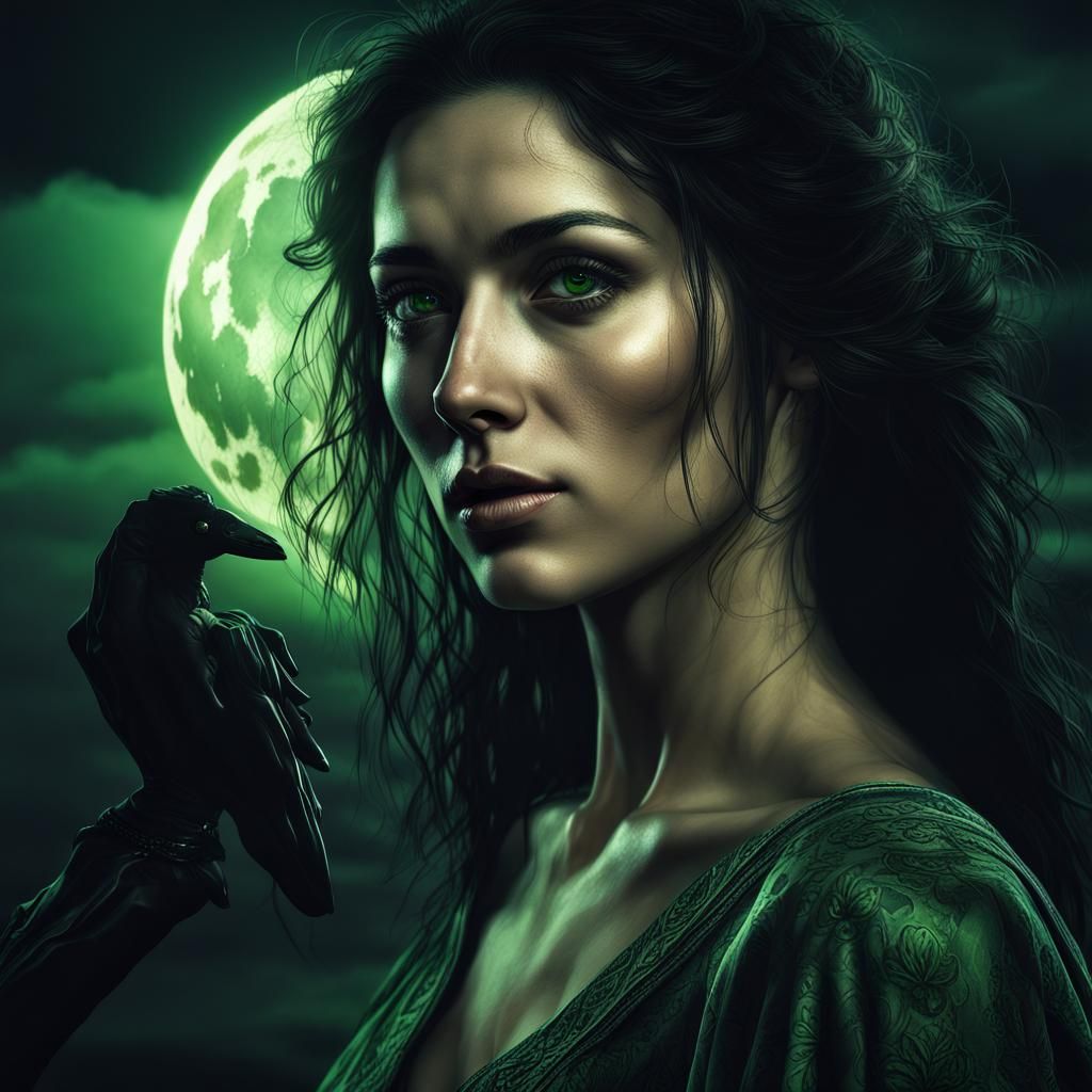 Moonlit Raven-Haired Woman with Green Eyes