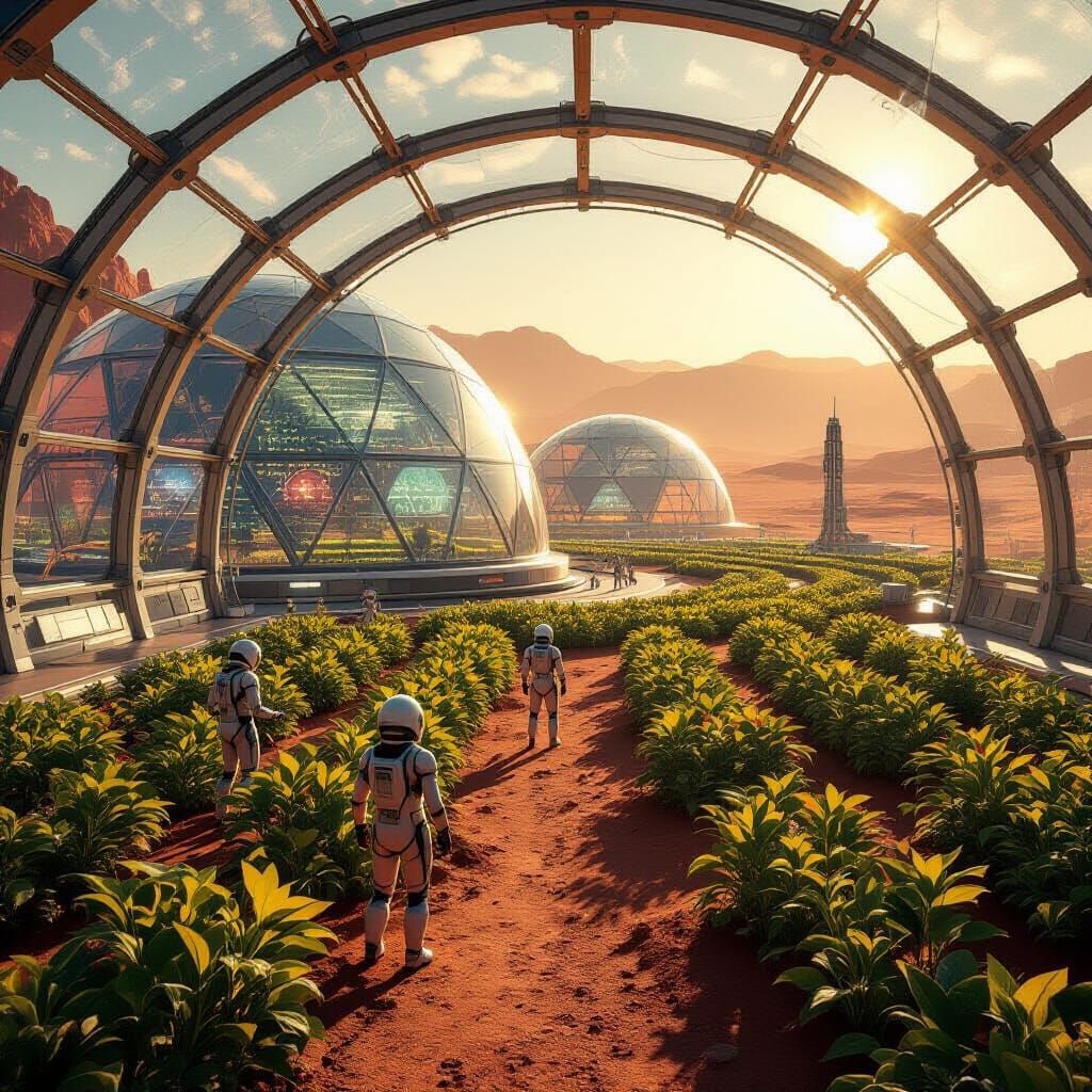 Mars Biodome City with Glowing Flora and Energy Fields
