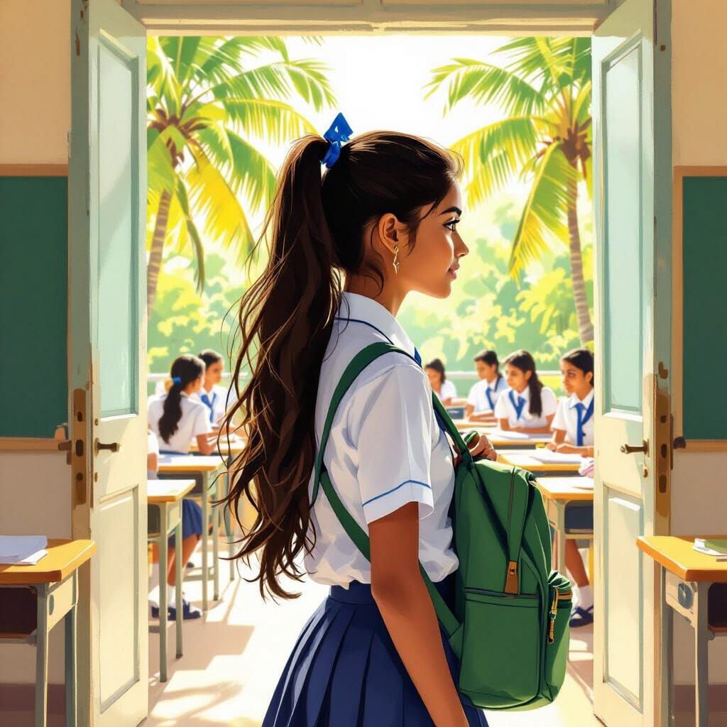 Sri Lankan Girl in School Doorway, Sketch Art Style