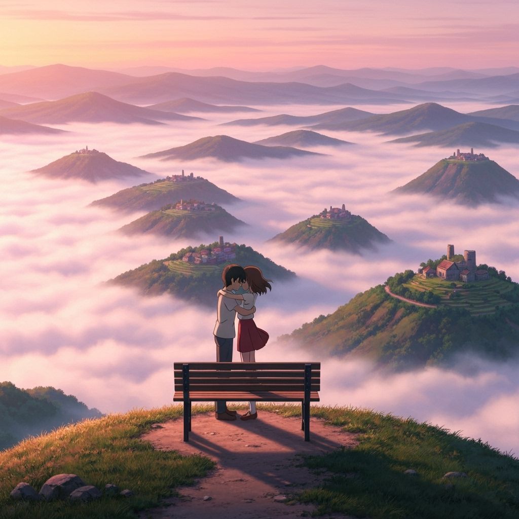 Young Couple Embraces Amidst Cloud Valley at Sunset