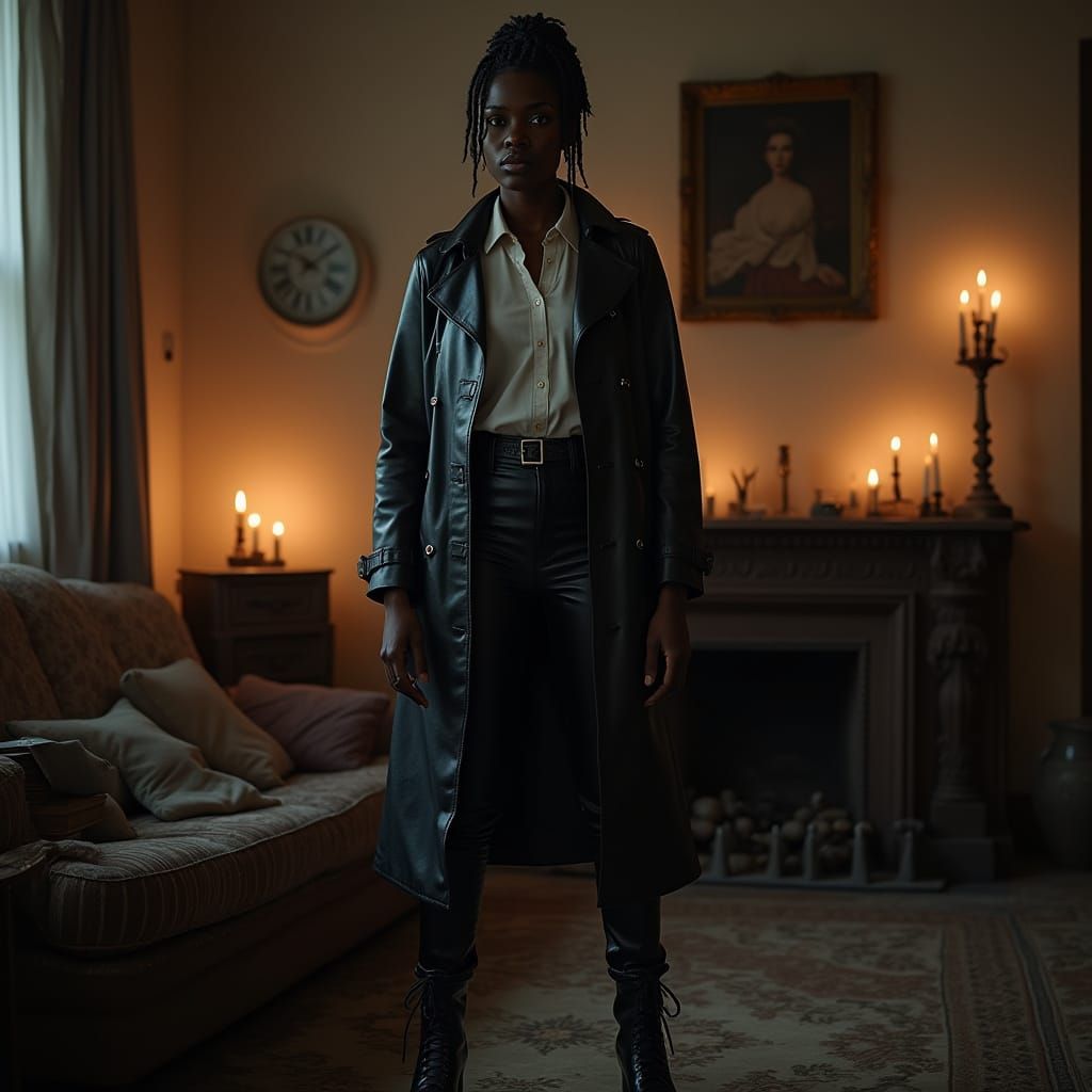 African American Woman in Leather Trench Coat at Midnight