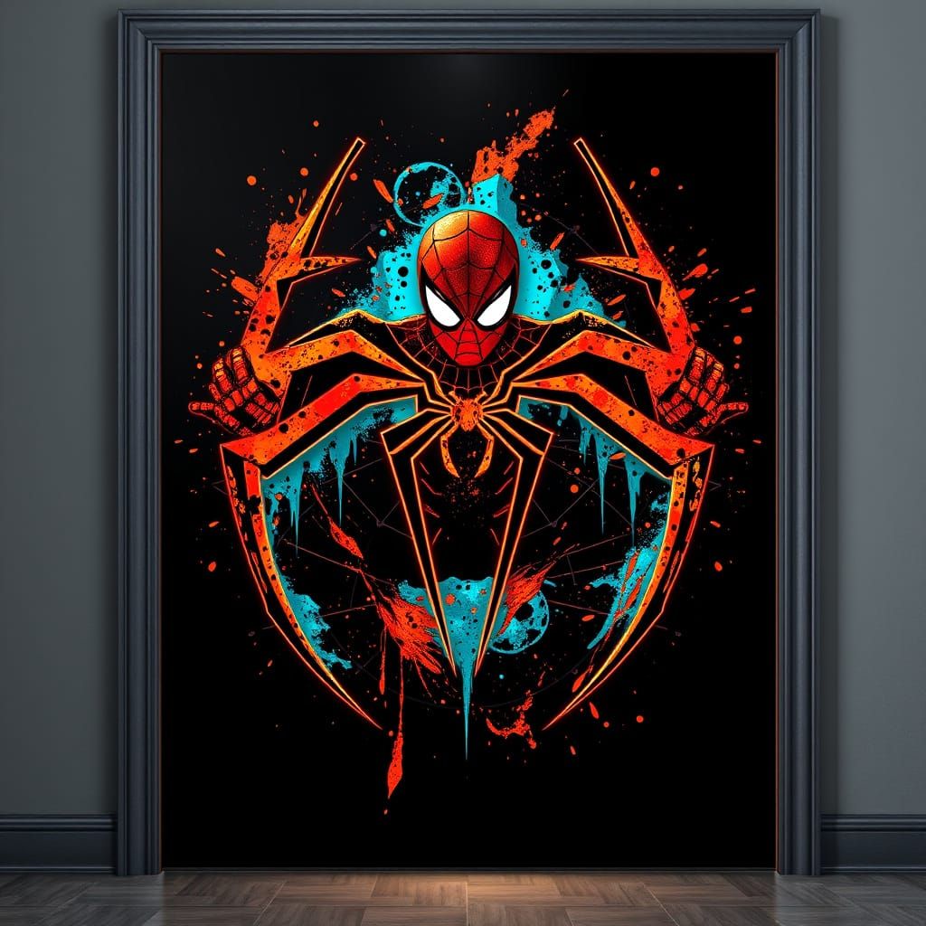 Bold Spiderman Sign in Black Acrylic with Neon Glow