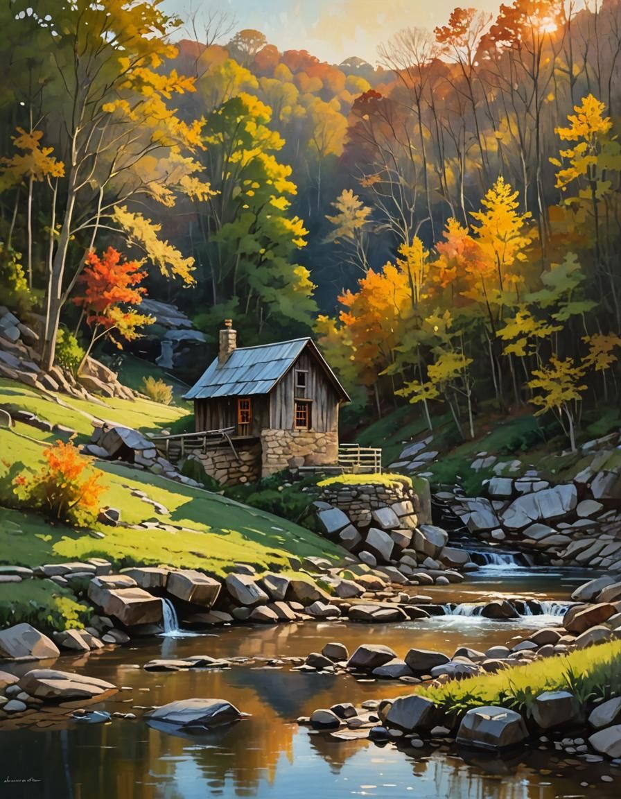Ozark Springhouse in Golden Light, Impressionist Style