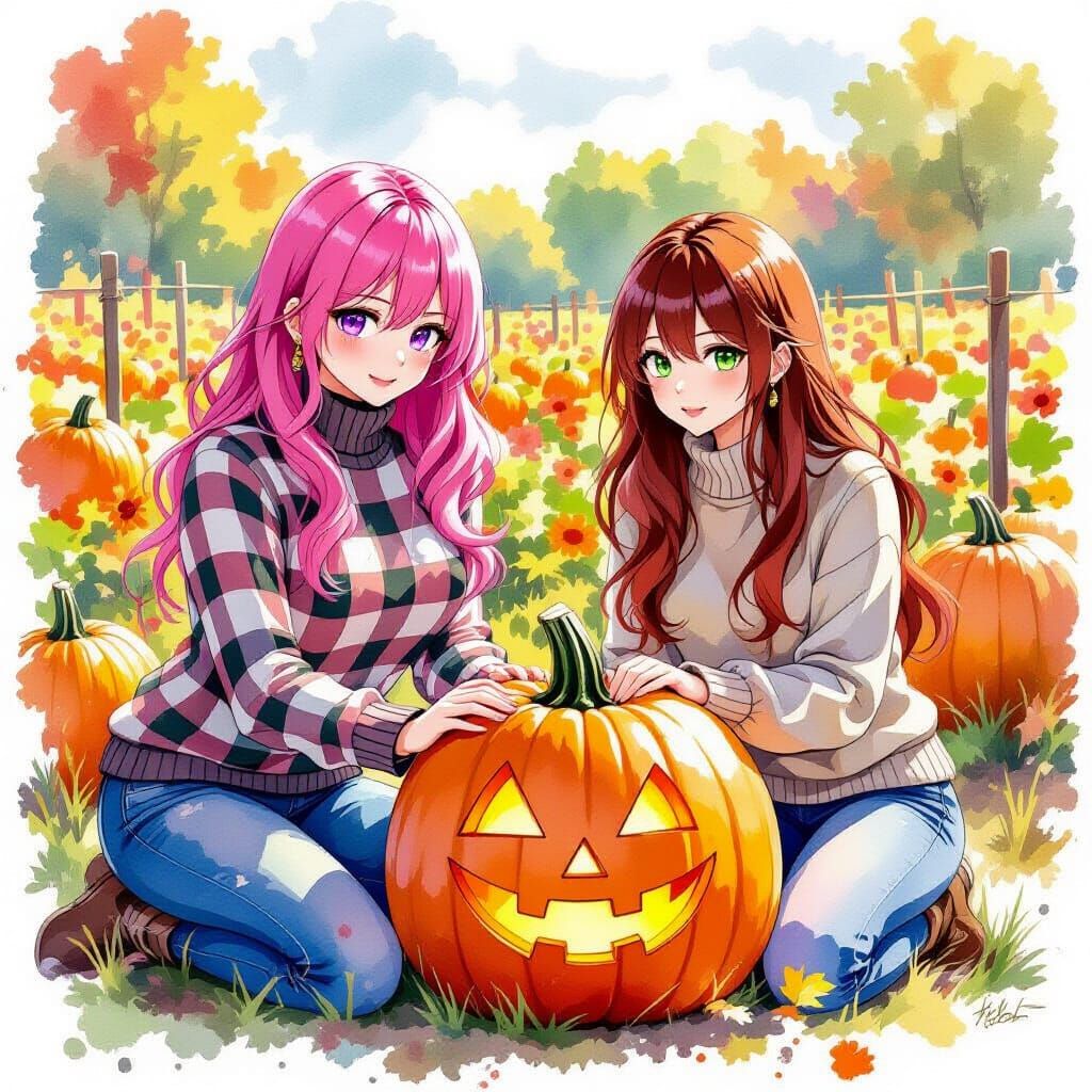Women Find Perfect Pumpkin in Patch, Watercolor Splatter Sty...