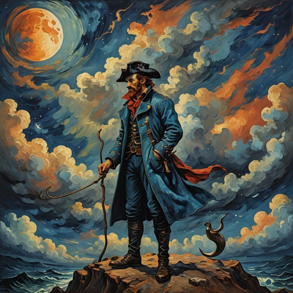 Captain Hook on Moon in Post-Impressionist Style