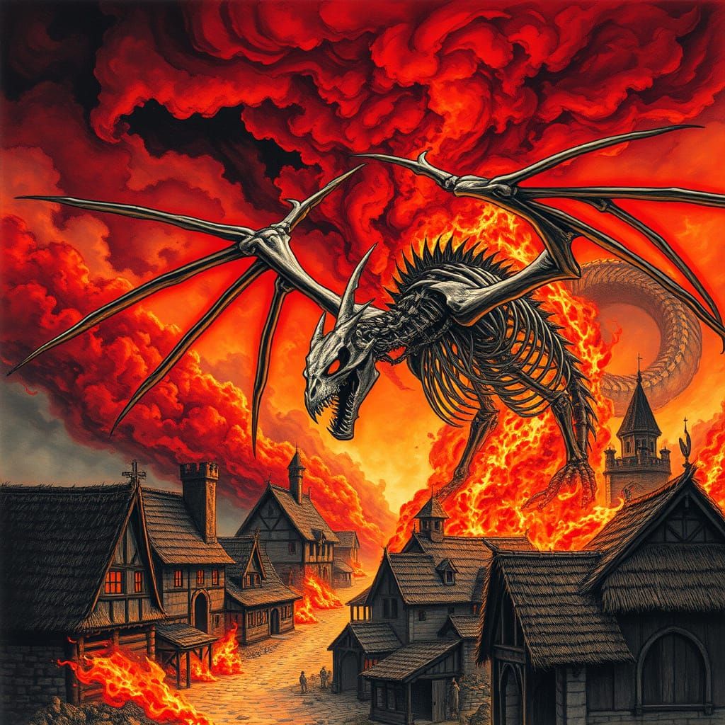 Skeletal Dragon Unleashes Inferno Upon Medieval Village