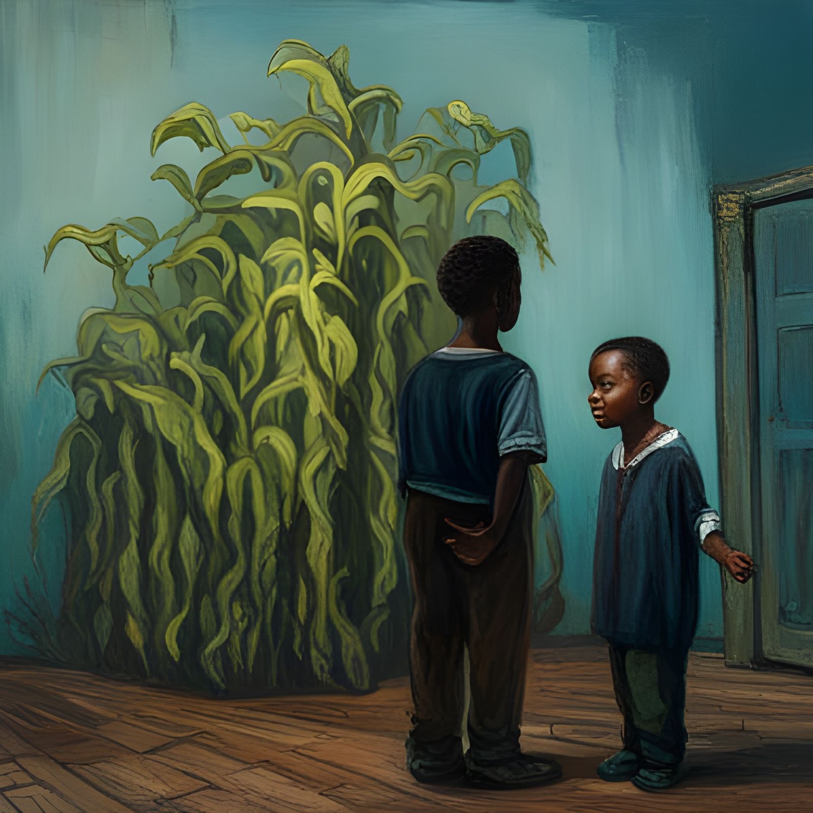 Child Among Giant Beanstalks: Oil Painting