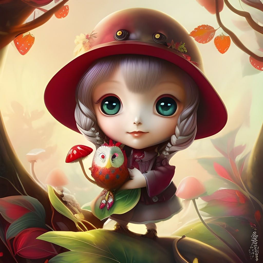 Chibi Strawberry Owl in Fantasy Mushroom Forest