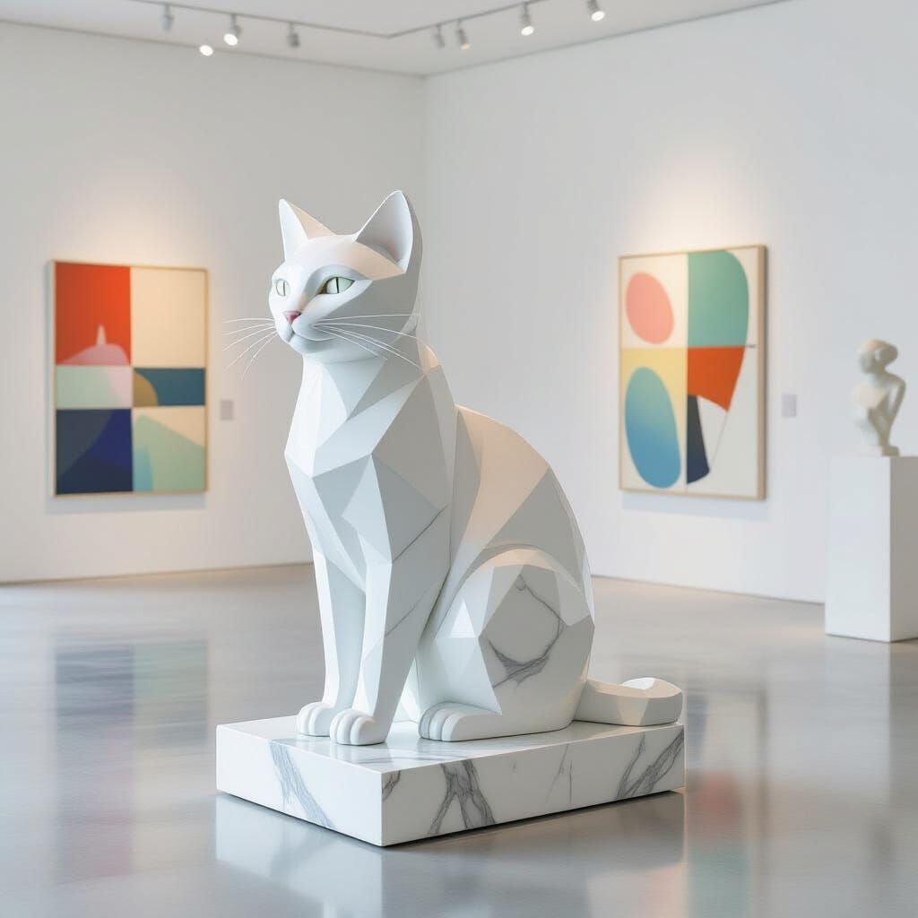 Stylized Marble Cat Sculpture in Minimalist Gallery