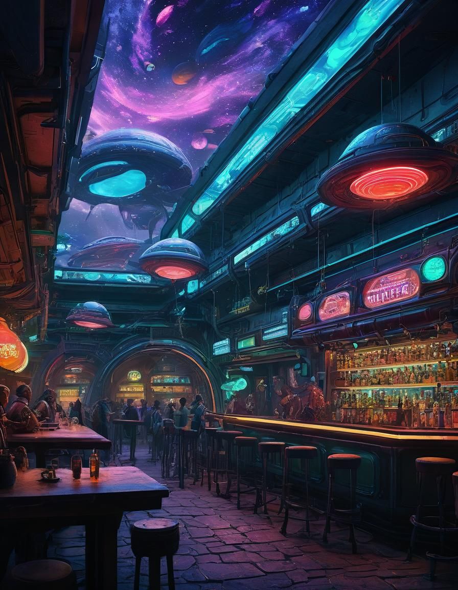 Extraterrestrial Cantina Scene with Neon Lights