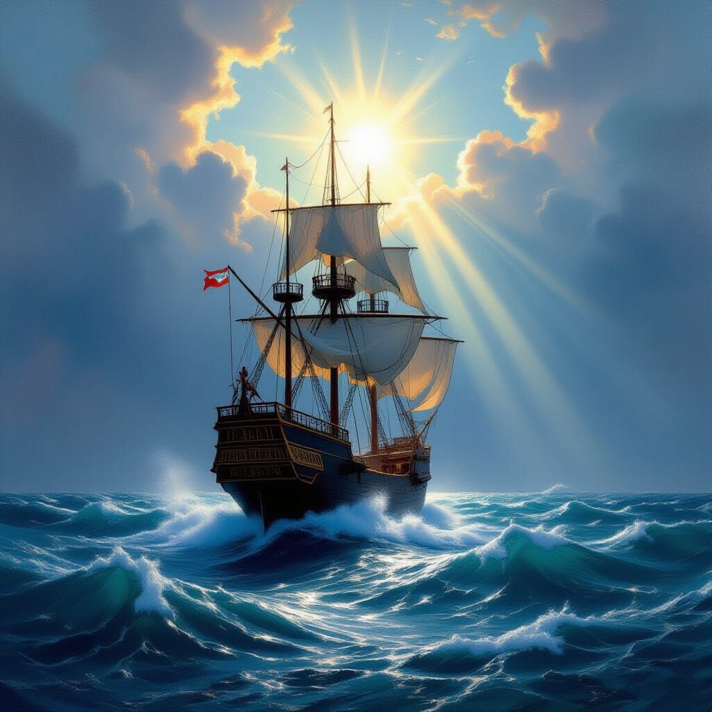 Royal Ship Navigates Storm Under Divine Light
