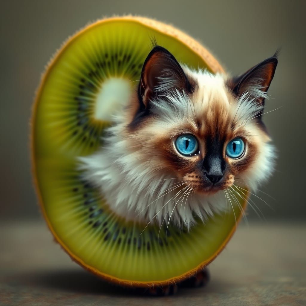 Surreal Siamese Cat Merges with Kiwi Fruit in Whimsical Bota...