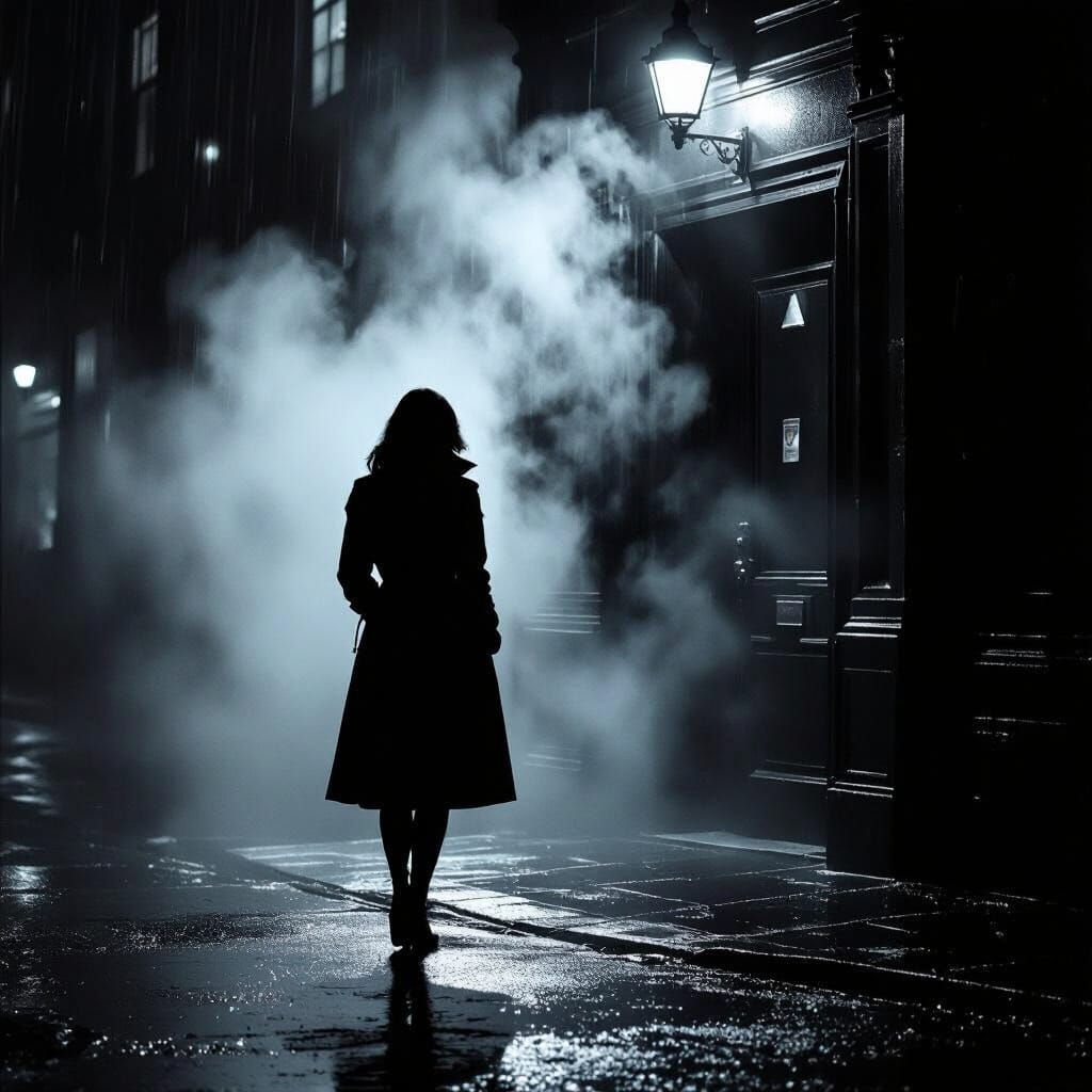 Film Noir Woman Before Mysterious Doorway