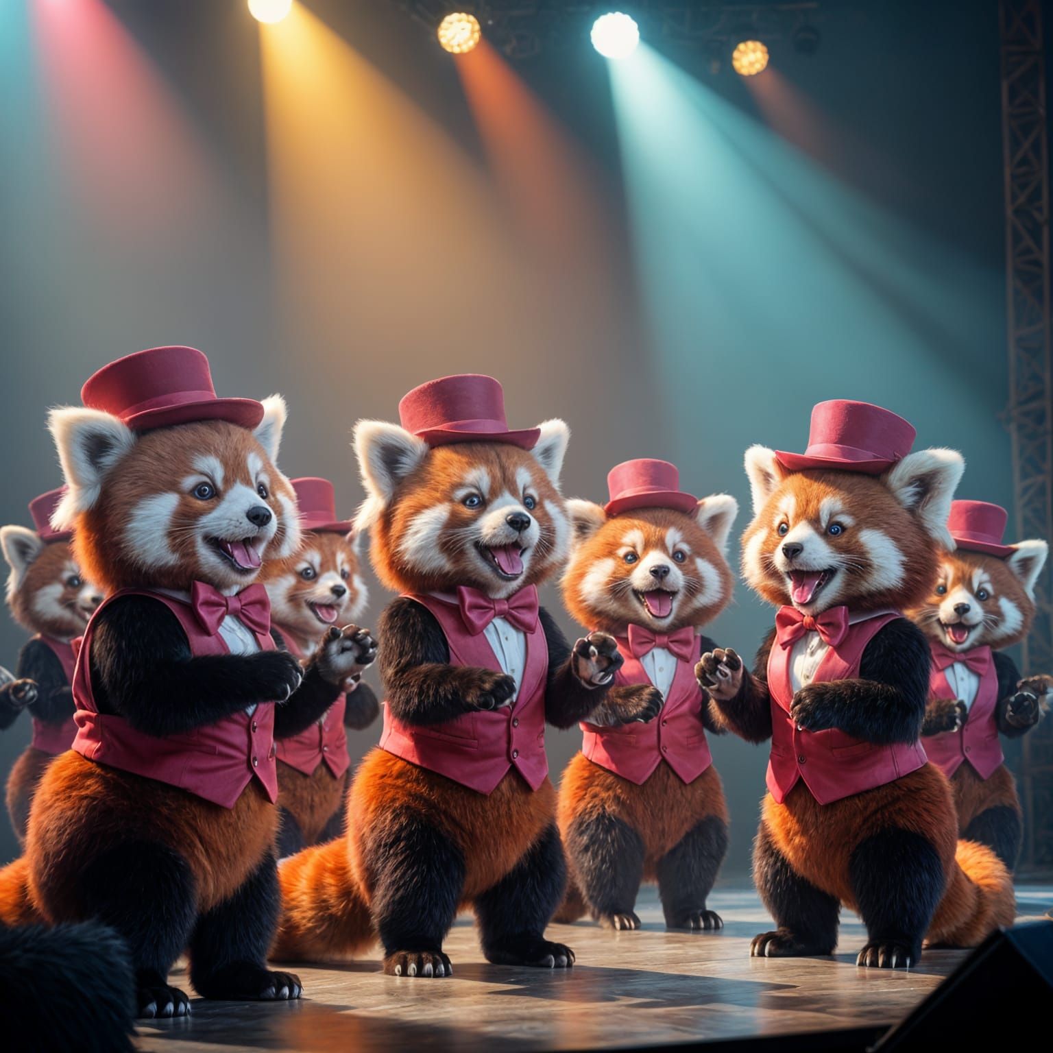 Red Pandas Sing Joyfully on Stage in 1930s Hergé Style