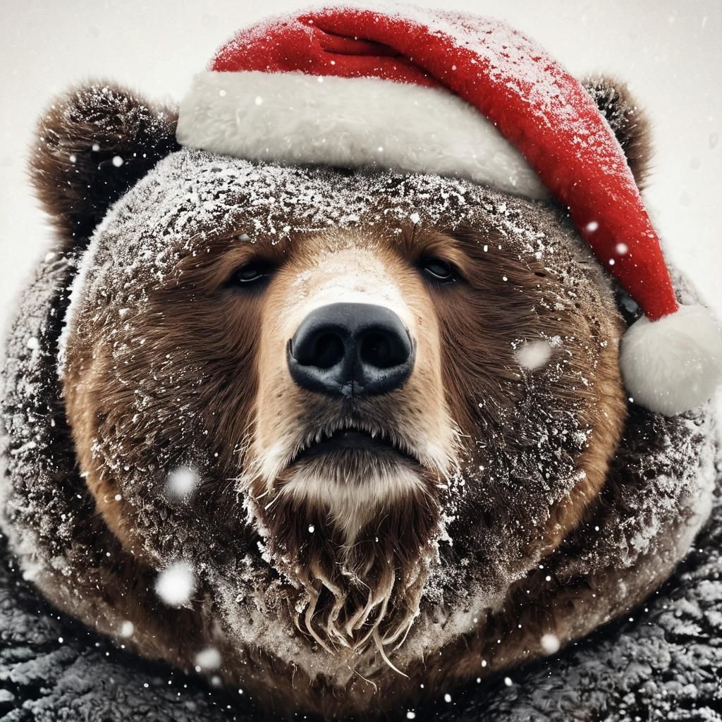 Surreal Winter Scene of a Disgruntled Kodiak Bear in a Santa...