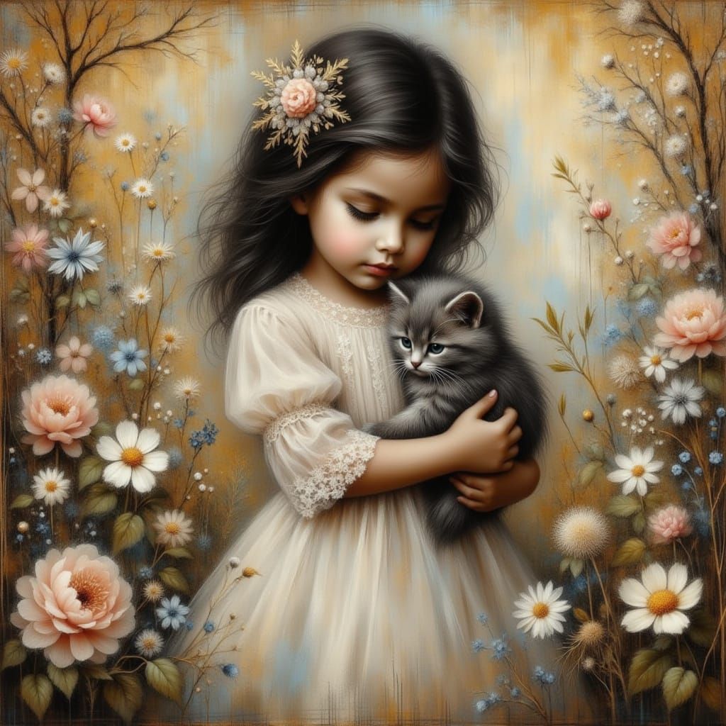 Child with Kitten in Flower Garden Oil Painting