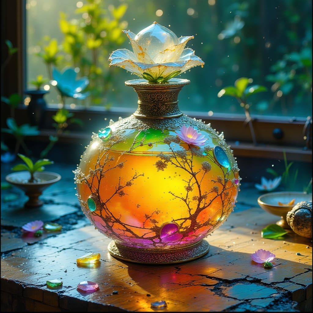 Vibrant Ornate Perfume Bottle with Luminous Liquid